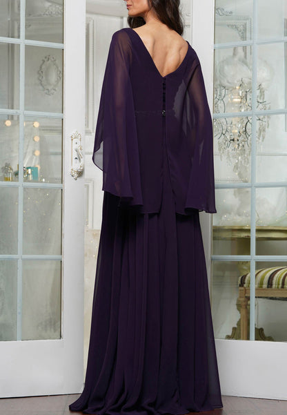 V-Neck Long Sleeves Chiffon Pleated A-Line Mother of Bride Dress