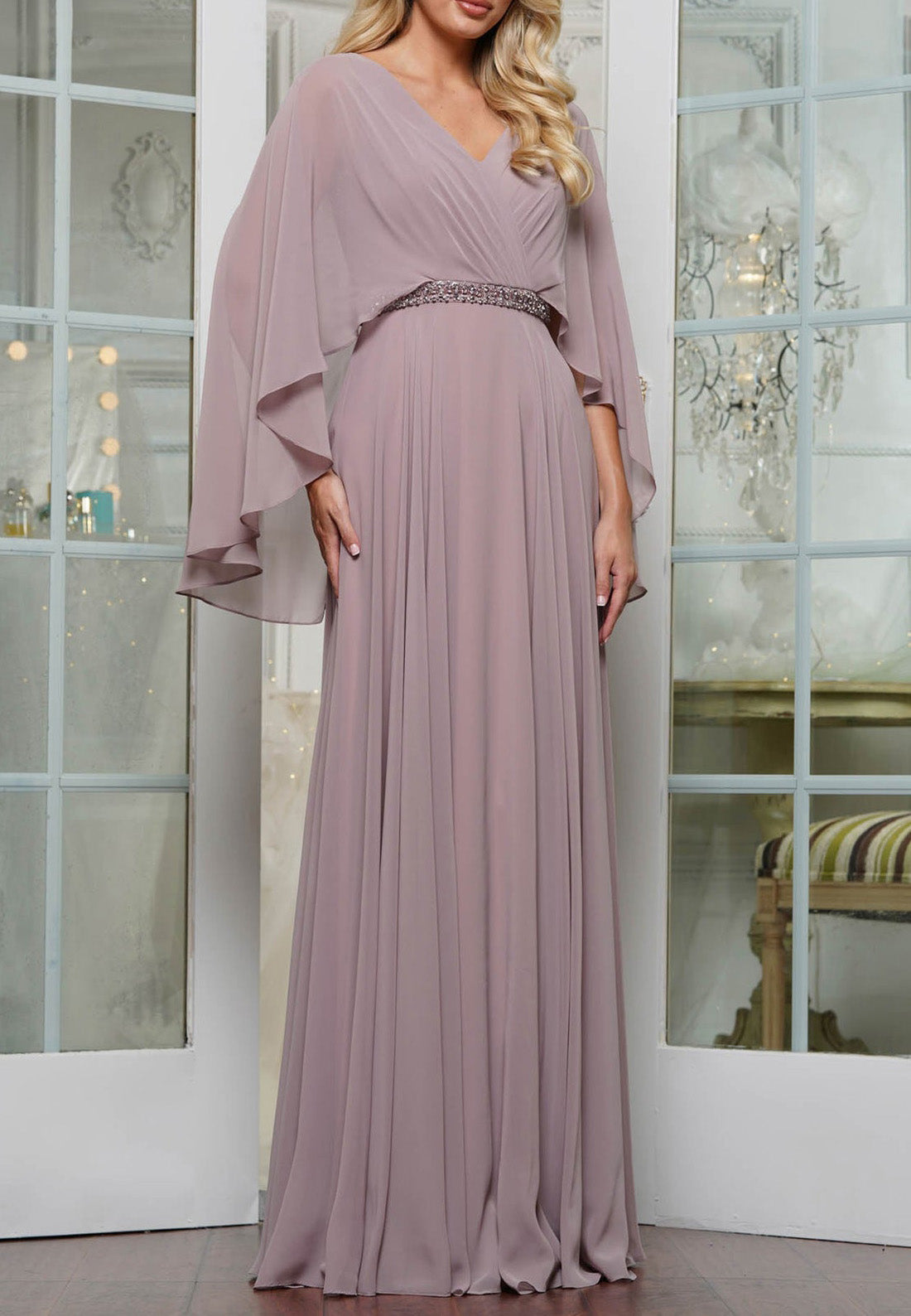 V-Neck Long Sleeves Chiffon Pleated A-Line Mother of Bride Dress