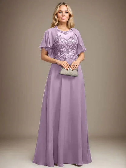 A-line Scoop Illusion Floor-Length Lace Chiffon Mother of the Bride Dress With Sequins
