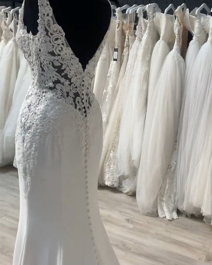 Mermaid Wedding Dress Lace V Neck Sweep Train