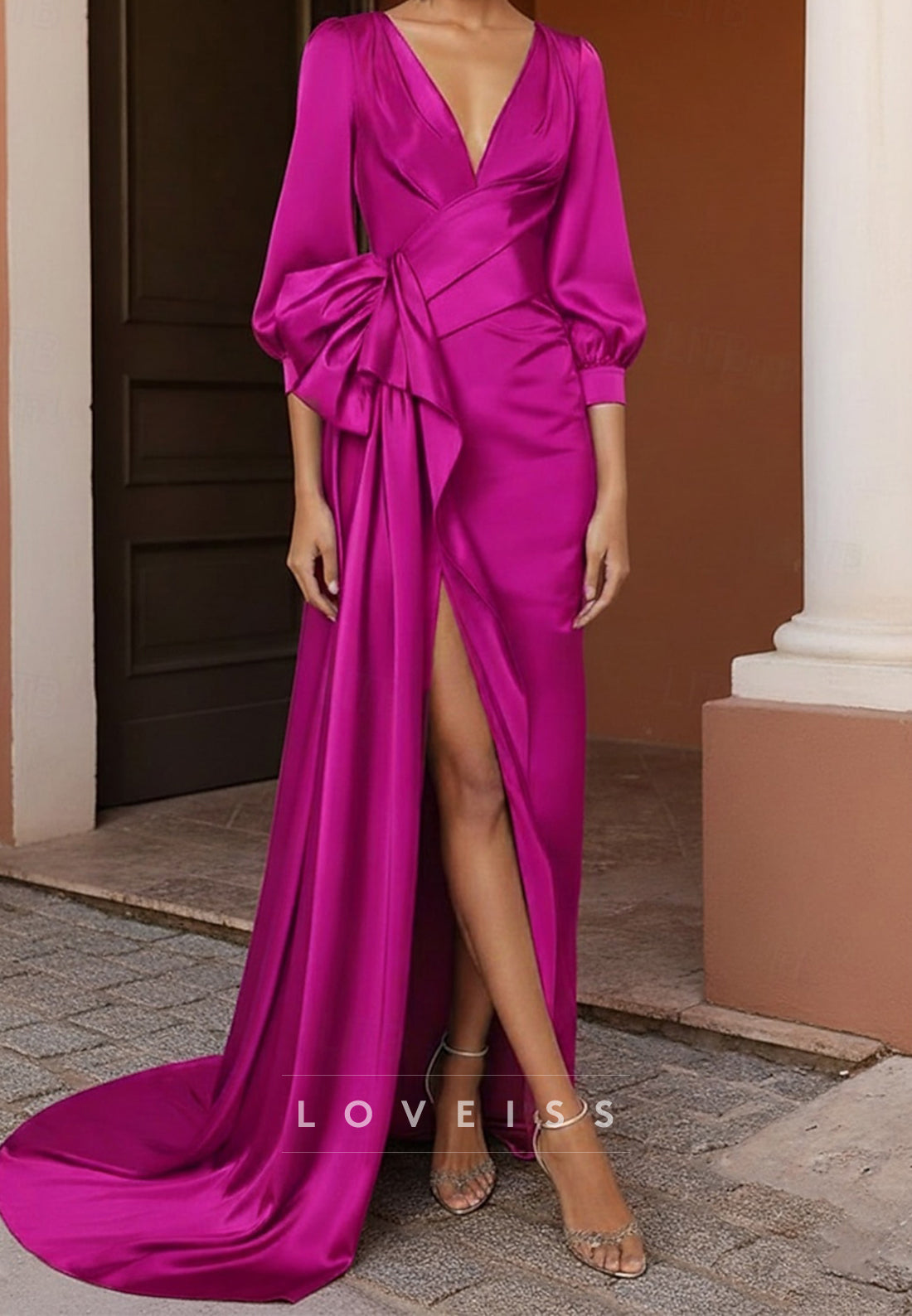 Mermaid Floor Length Evening Gown Elegant Celebrity Style Long Sleeve V Neck