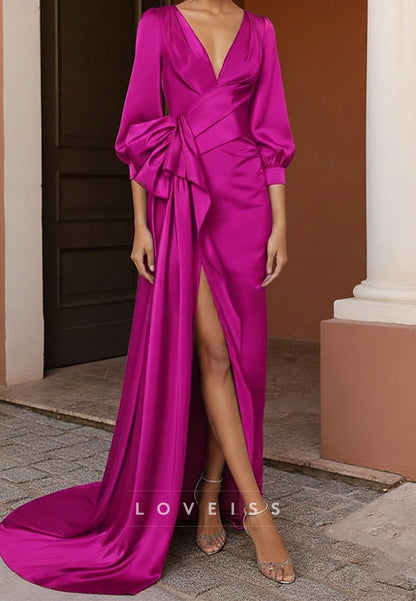 Mermaid Floor Length Evening Gown Elegant Celebrity Style Long Sleeve V Neck