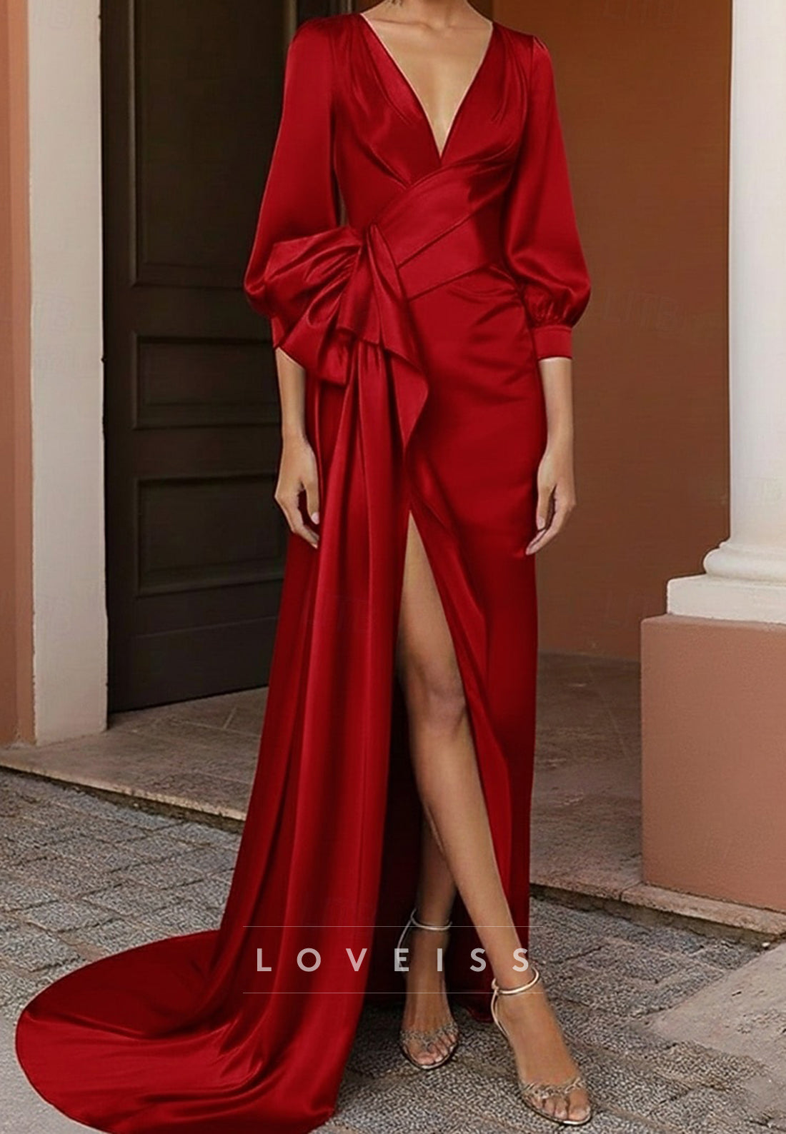 Mermaid Floor Length Evening Gown Elegant Celebrity Style Long Sleeve V Neck