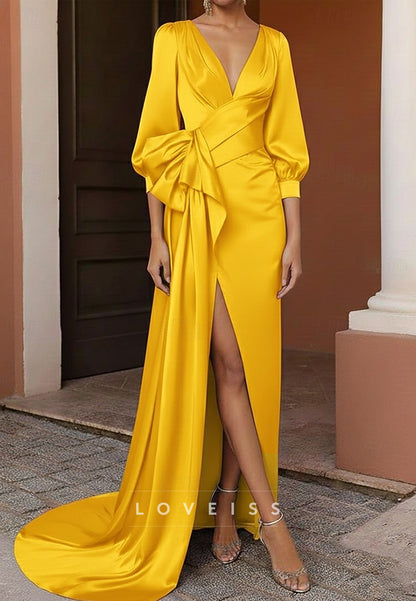 Mermaid Floor Length Evening Gown Elegant Celebrity Style Long Sleeve V Neck