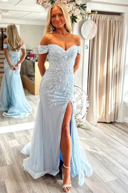 Mermaid Off Shoulder Appliques Sweetheart Blue Prom Dress
