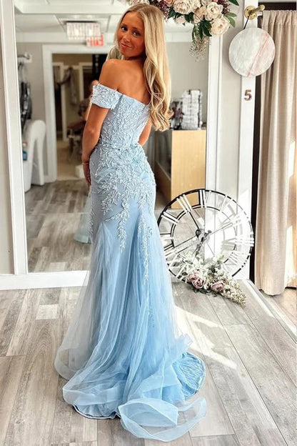 Mermaid Off Shoulder Appliques Sweetheart Blue Prom Dress