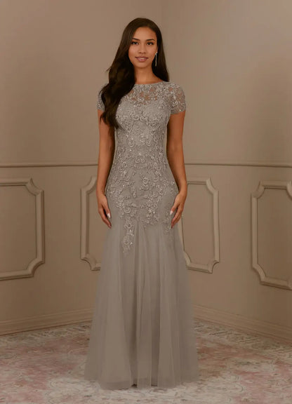 Dress Mermaid Scoop Sequins Vintage Lace Tulle Mother of the Groom Dresses Elegant Cap Sleeves Beaded Evening Dress