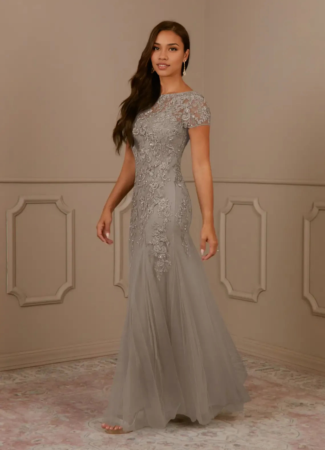 Dress Mermaid Scoop Sequins Vintage Lace Tulle Mother of the Groom Dresses Elegant Cap Sleeves Beaded Evening Dress