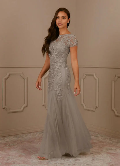 Dress Mermaid Scoop Sequins Vintage Lace Tulle Mother of the Groom Dresses Elegant Cap Sleeves Beaded Evening Dress