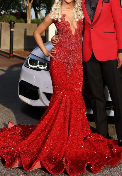Mermaid Sequins Beaded Pleated Sparkly Red Prom Dress for Black Girls