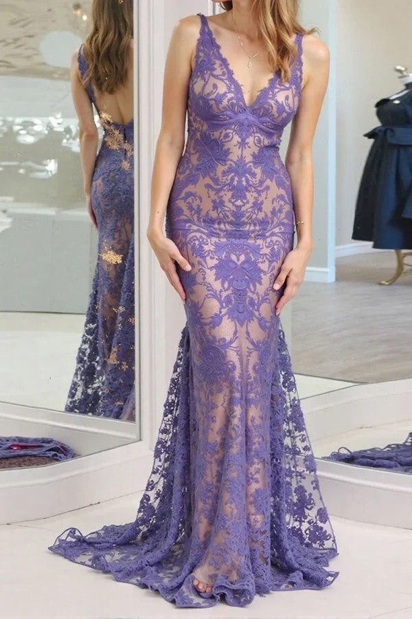 Mermaid V-Neck Backless Lilac Prom Dress with Lace