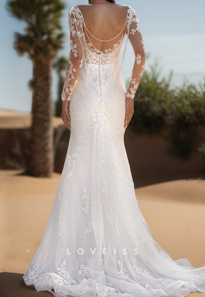 Mermaid V-Neck Long Sleeves Floral Appliques Wedding Dress