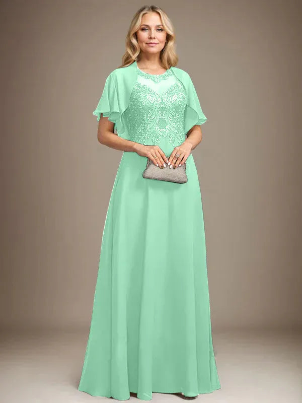 A-line Scoop Illusion Floor-Length Lace Chiffon Mother of the Bride Dress With Sequins