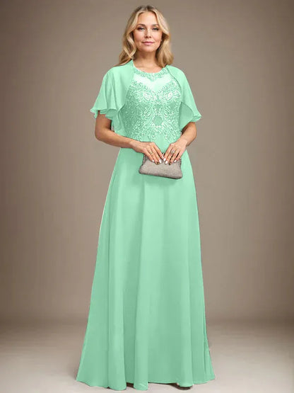 A-line Scoop Illusion Floor-Length Lace Chiffon Mother of the Bride Dress With Sequins