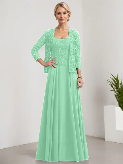 A-line Square Floor-Length Lace Chiffon Mother of the Bride Dress With Sequins