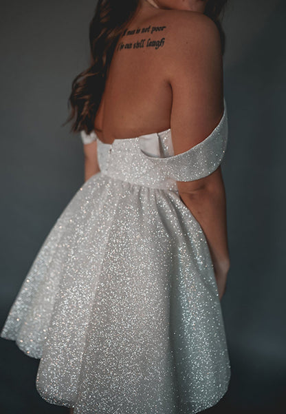 Modern & Chic A-Line Off Shoulder Lace Up Fully Sparkly Mini Wedding Dress