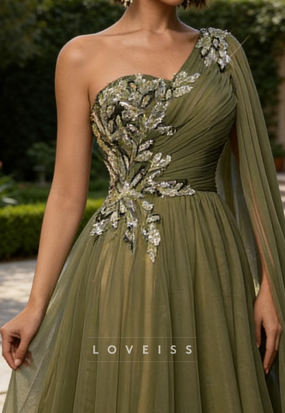 Mother of Bride Dress One Shoulder Appliques Tulle Pleated A-Line Evening Dress