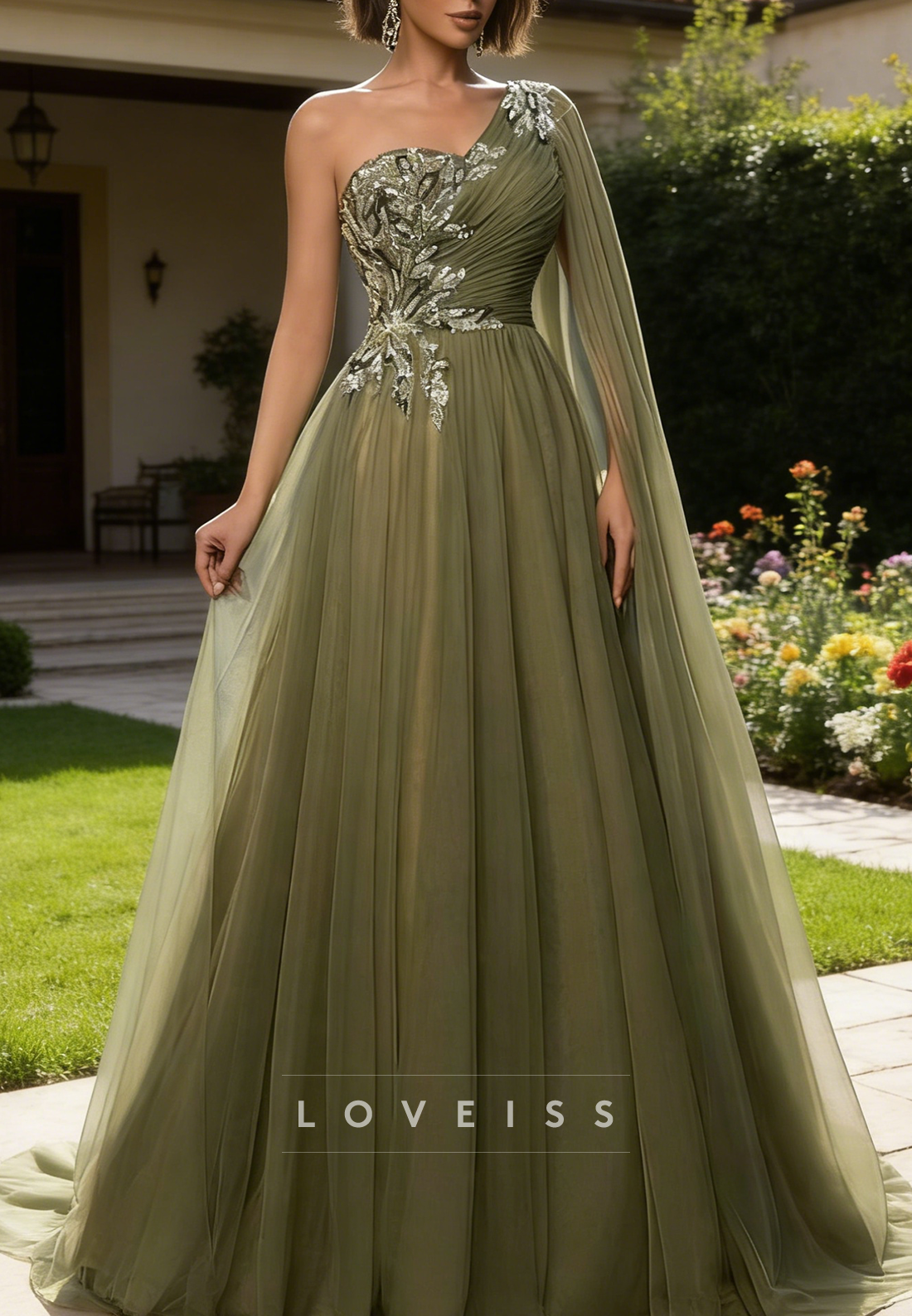 Mother of Bride Dress One Shoulder Appliques Tulle Pleated A-Line Evening Dress