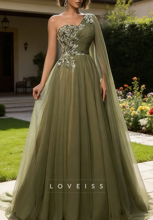 Mother of Bride Dress One Shoulder Appliques Tulle Pleated A-Line Evening Dress