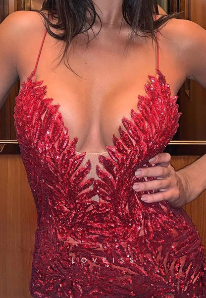 V-Neck Spaghetti Straps Appliques Mermaid Prom Dress