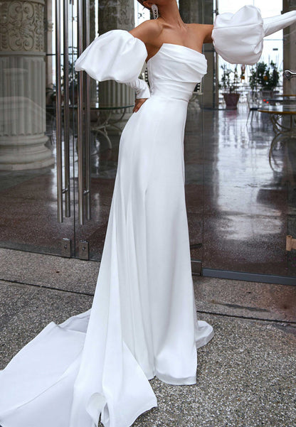 Off-Shoulder Puff Sleeves Pleated Sleek Mermaid Beach Wedding Dress