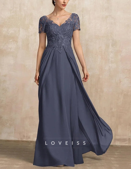 Navy Blue Lace-Embroidered V-Neck Evening Gown