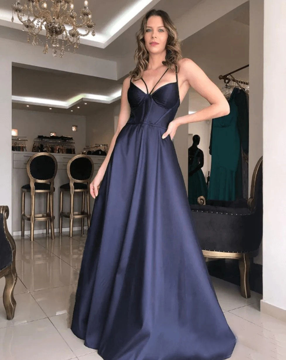 Navy Blue Spaghetti Straps Satin A Line Long Prom Dress
