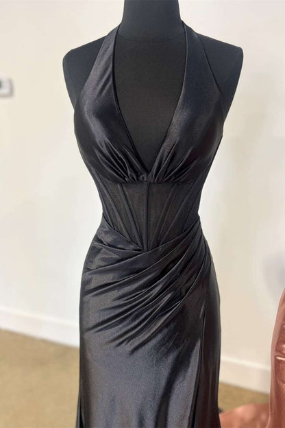 Navy Halter Mermaid Long Prom Dress with Slit