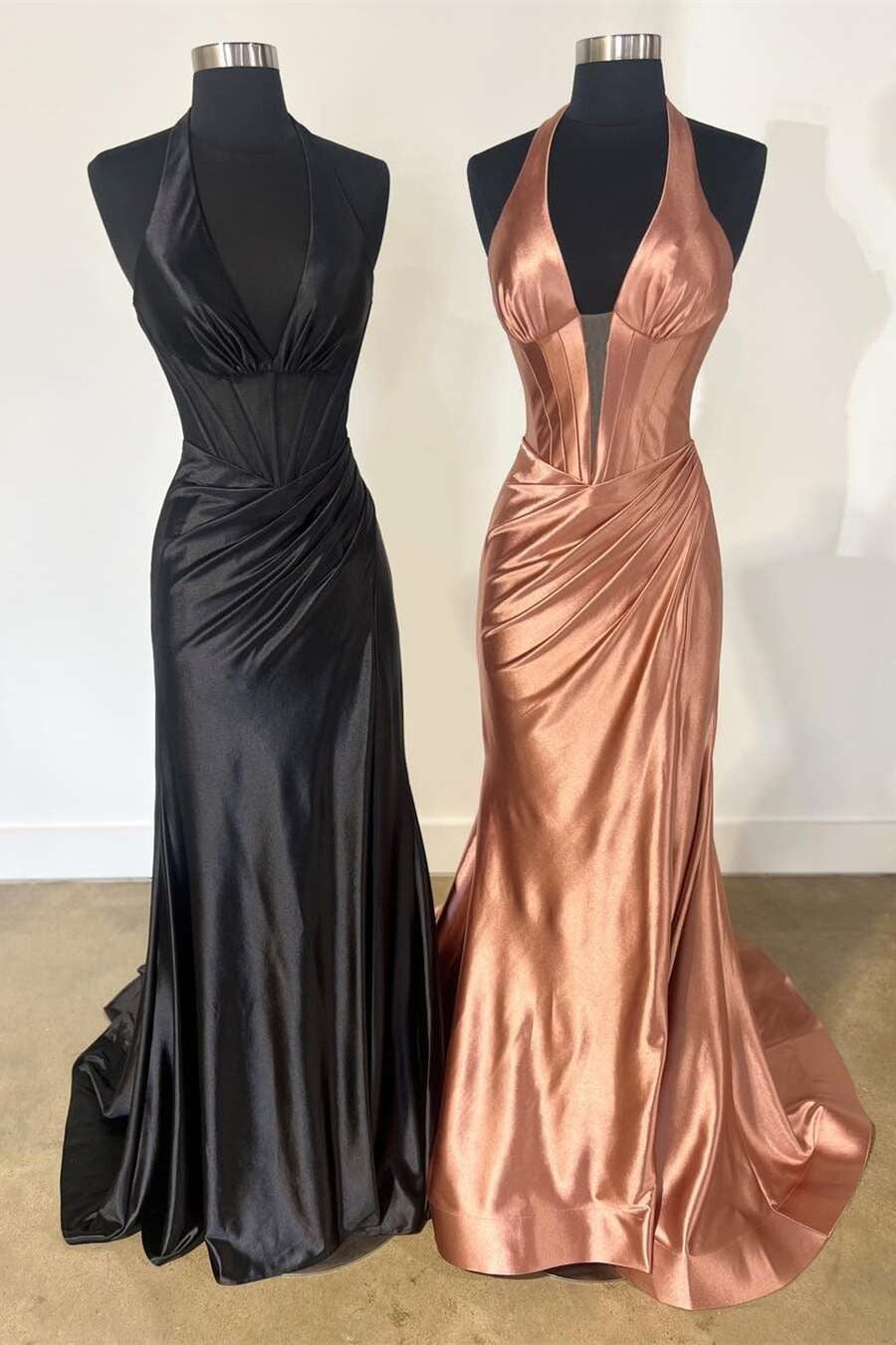 Navy Halter Mermaid Long Prom Dress with Slit