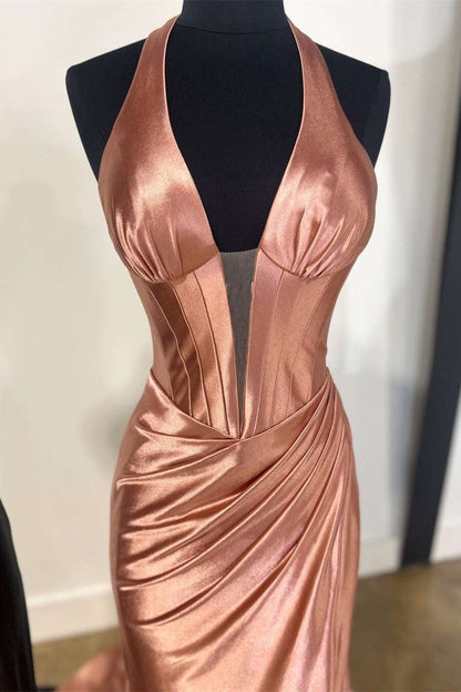 Navy Halter Mermaid Long Prom Dress with Slit