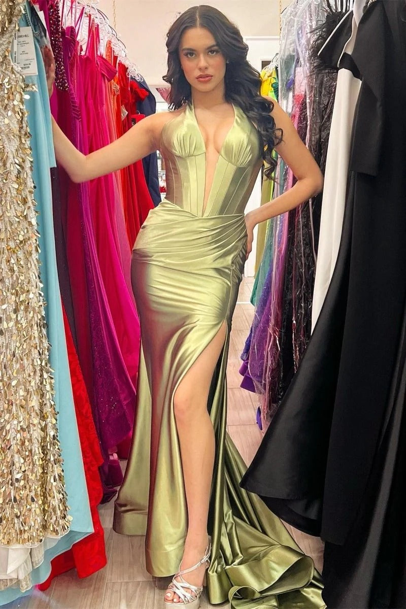 Navy Halter Mermaid Long Prom Dress with Slit