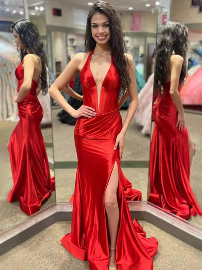 Navy Halter Mermaid Long Prom Dress with Slit