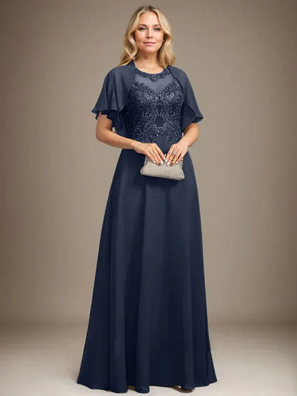 A-line Scoop Illusion Floor-Length Lace Chiffon Mother of the Bride Dress With Sequins