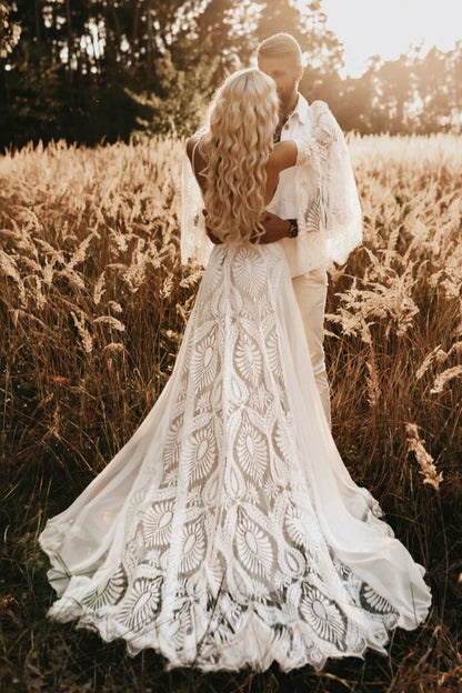 New Arrival Boho Beach Wedding Dresses Lace Mermaid with Sleeves