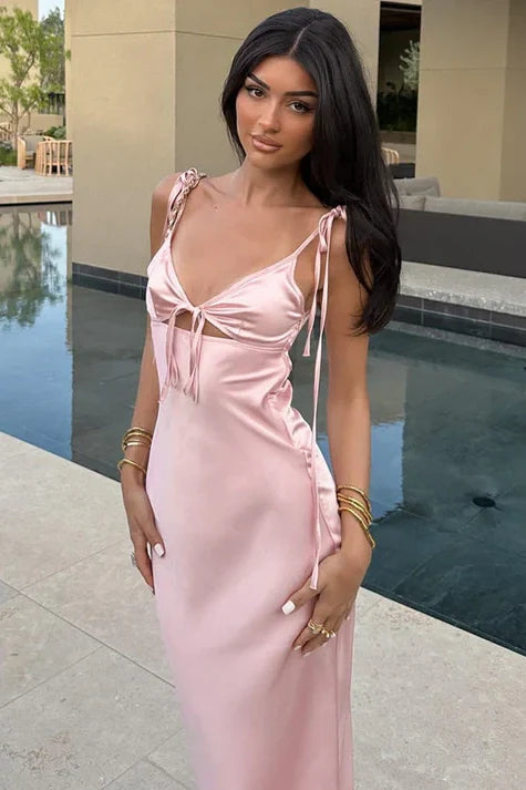 Chic Sheath Spaghetti Straps Pink Long Party Dress with Keyhole