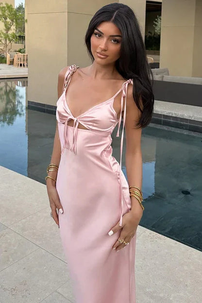 Chic Sheath Spaghetti Straps Pink Long Party Dress with Keyhole