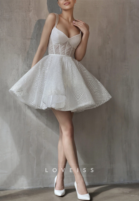 Off-Shoulder Straps Beaded Embroidery Sparkly Short A-Line Wedding Dress