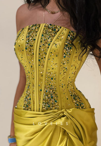 Off-Shoulder Beaded Sleeveless Ruched Sheath Prom Dress