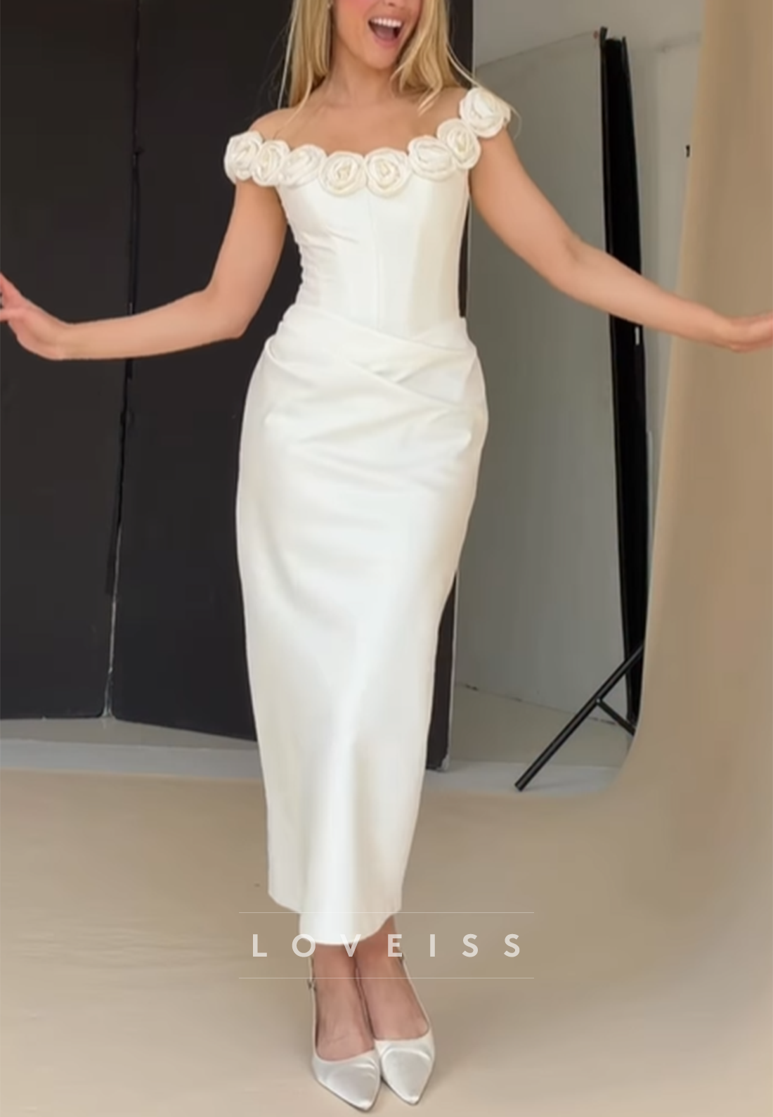 Off-Shoulder 3D Floral Satin Sheath Wedding Dress
