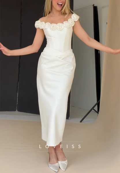 Off-Shoulder 3D Floral Satin Sheath Wedding Dress