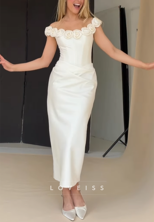 Off-Shoulder 3D Floral Satin Sheath Wedding Dress