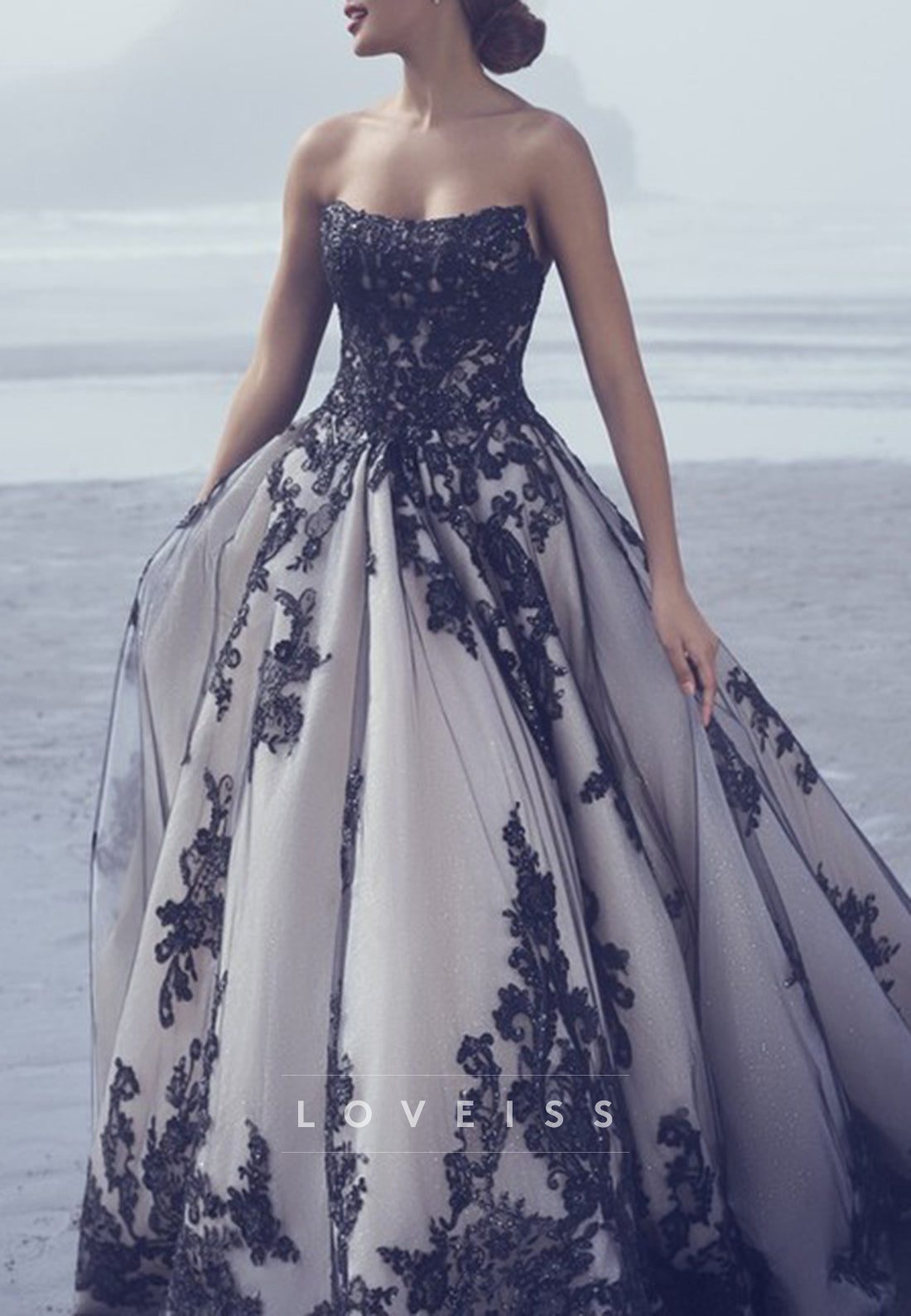Off-Shoulder Appliques Ball Gown Black Wedding Dress
