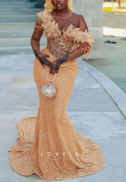 Off-Shoulder Appliques Beaded Mermaid Prom Dress for Black Girls