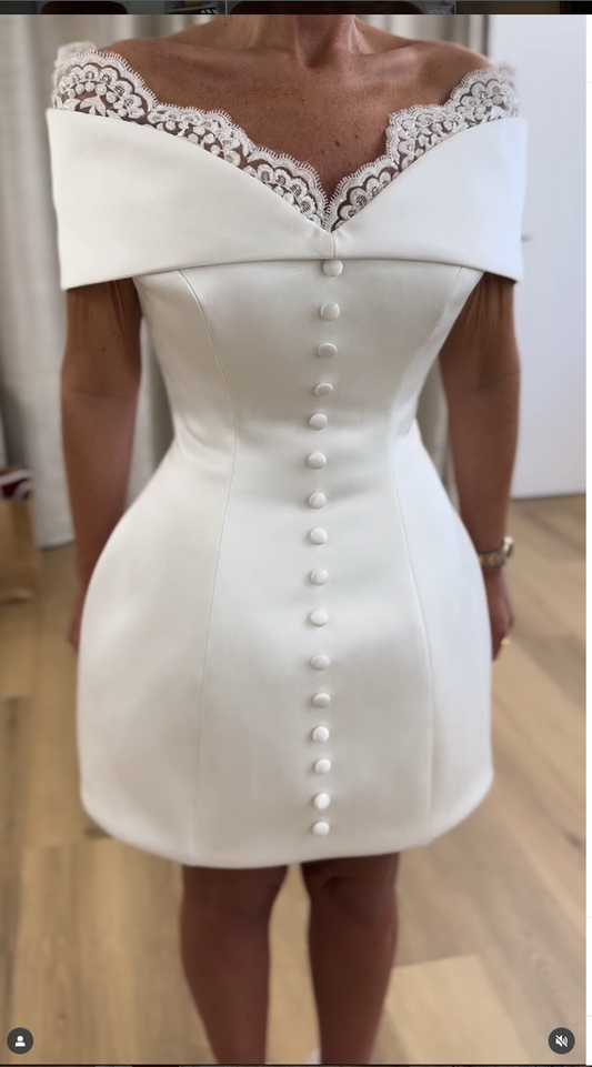 Off-Shoulder Appliques Button A-Line Short Satin Wedding Dress