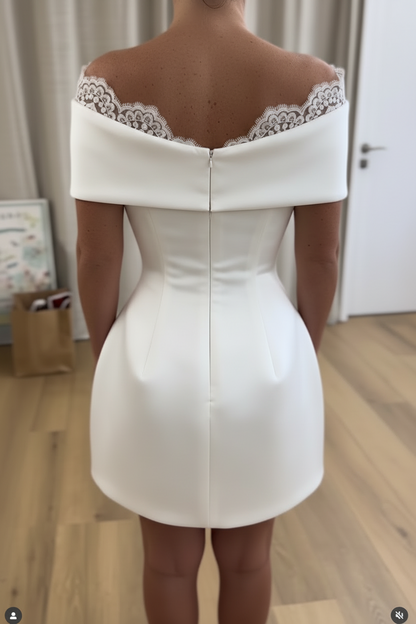 Off-Shoulder Appliques Button A-Line Short Satin Wedding Dress
