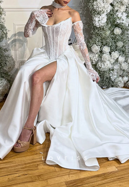 Off-Shoulder Appliques Corset Satin A-Line Wedding Dress