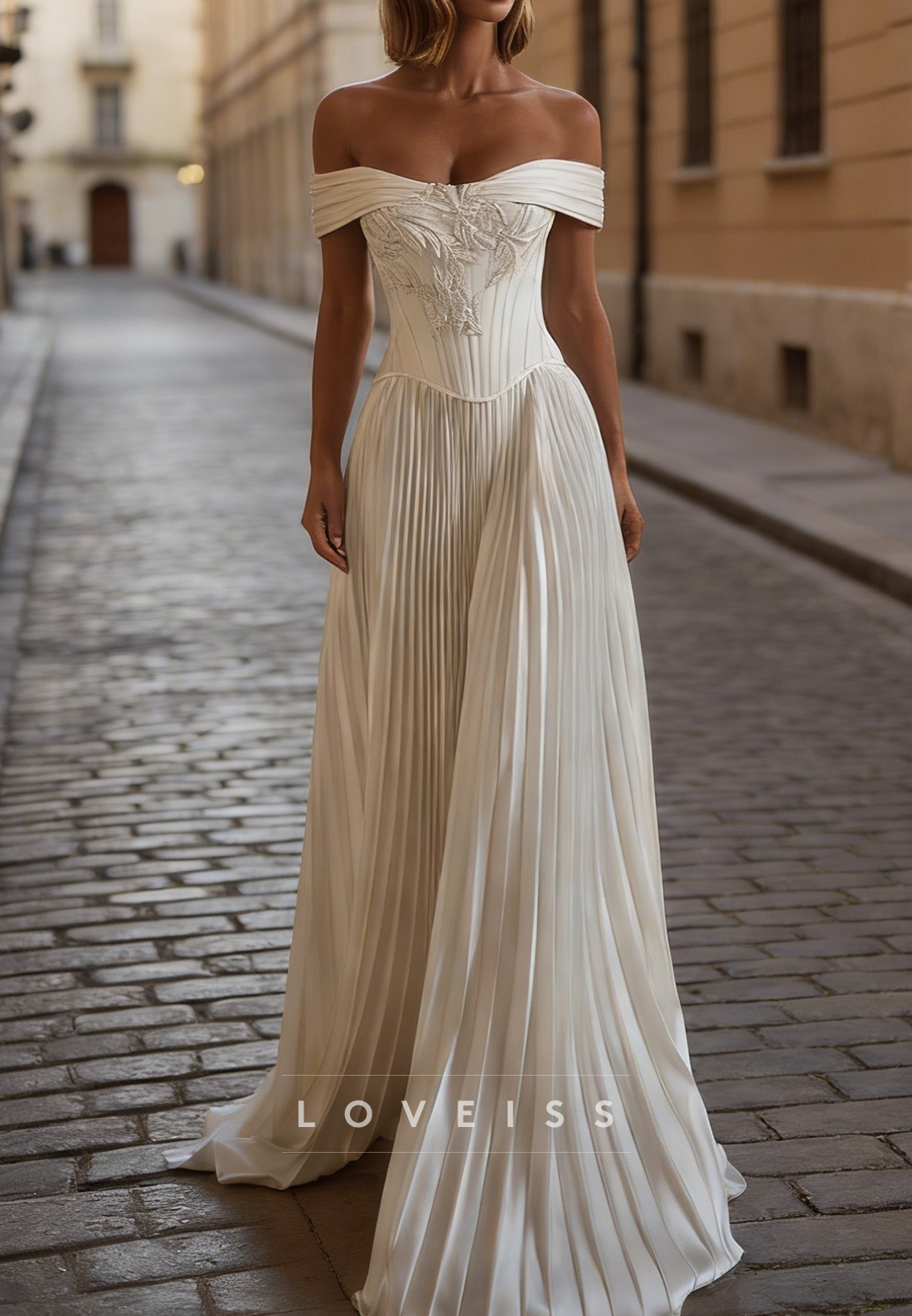 Off-Shoulder Appliques Pleated A-Line Wedding Dress