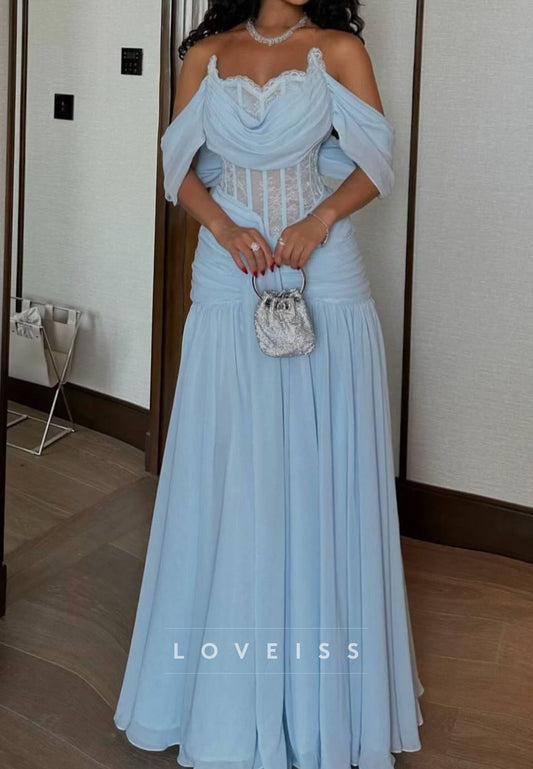 Off-Shoulder Appliques Pleated Sleeveless A-Line Evening Dress