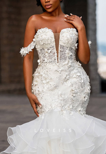 Off-Shoulder Appliques Ruffles Tiered Mermaid Wedding Dress