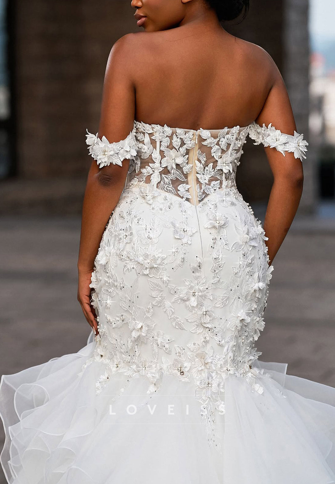 Off-Shoulder Appliques Ruffles Tiered Mermaid Wedding Dress